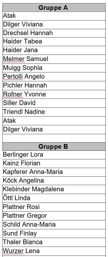 Gruppeneinteilung 2C Klasse