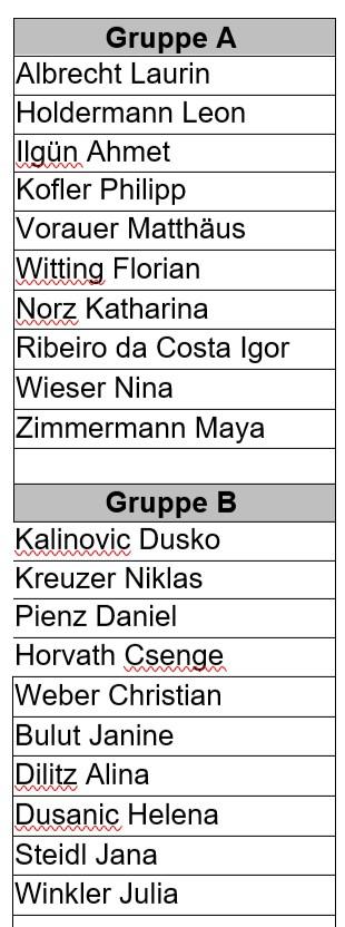 Gruppeneinteilung 4C Klasse