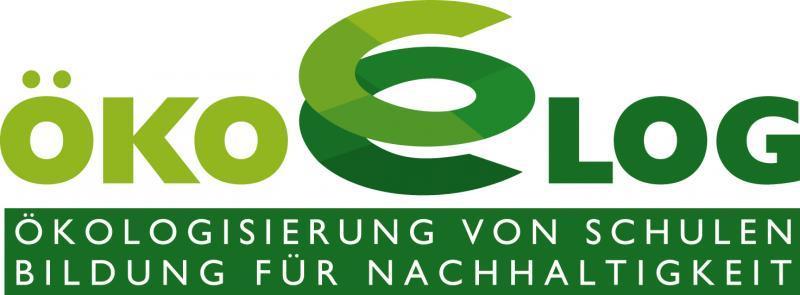 Logo ÖKOLOG Anordnung: Wort ÖKO Zeichnung Spirale Wort LOG darunter grünes Rechteck mit weißer Inschrift: Ökologisierung von Schulen Bildung für Nachhaltigkeit (zweizeilig)