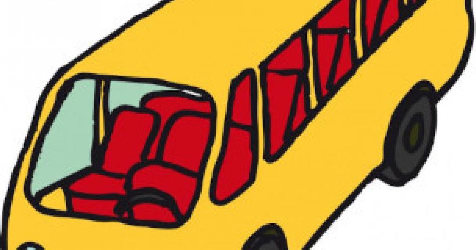 Comic Zeichnung gelber Schulbus mit roten Sitzplätzen