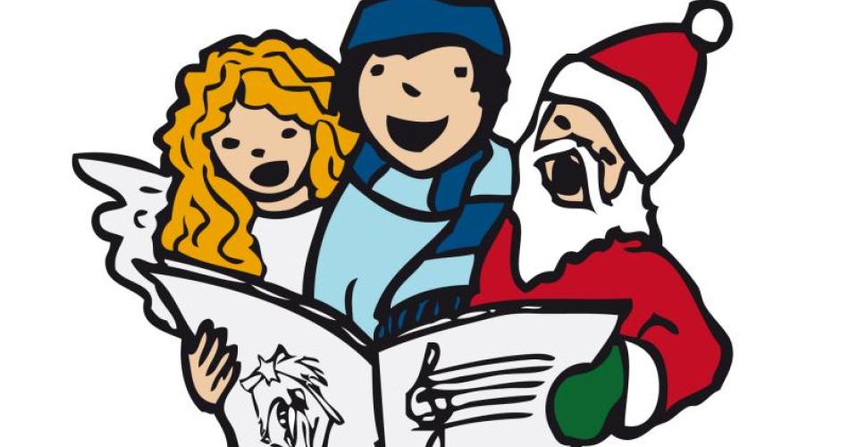 Cartoon: Engel Kind und Weihnachtsmann singen gemeinsam aus einem Liederbuch